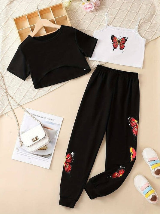 3 pc Tracksuit With Orange Butterfly Print